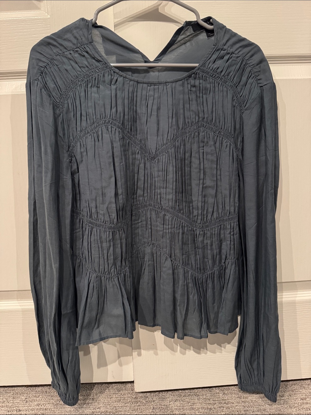 All Saints Womens Slate Blue Long Sleeve Pintuck Peasant Top